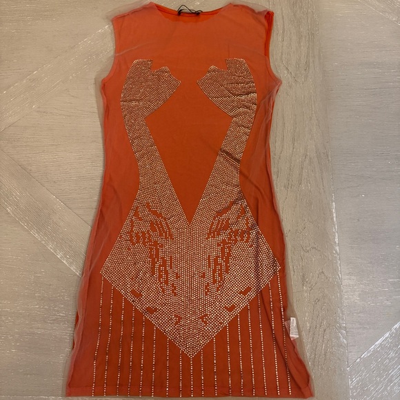 Micas Dresses & Skirts - Bodycon SHEER FRONT rhinestone Orange Dress Maximum Impact! TS12 vibes! 🧡